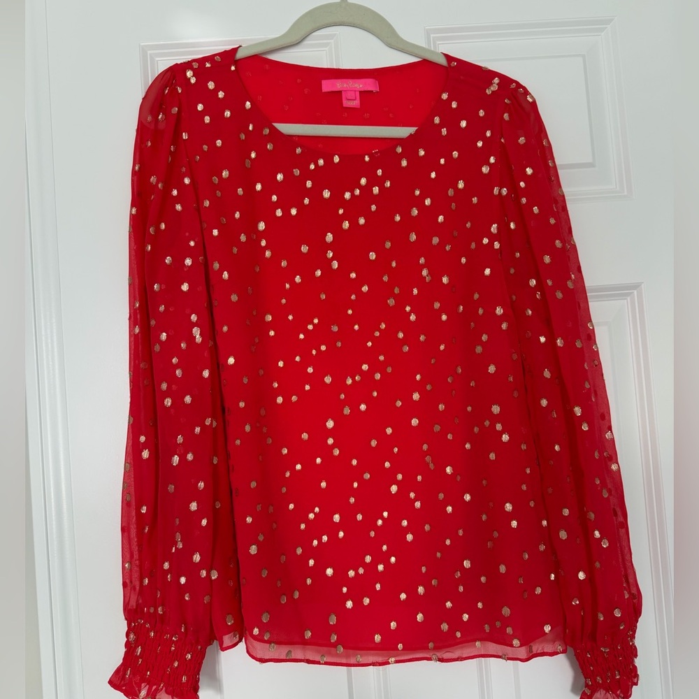 Lilly Pulitzer Idina long sleeve silk top size L ruby red